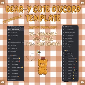 May include: A digital template for Discord servers, featuring a bear mascot and bee graphic. The design includes customizable elements, 35+ channels, 50+ roles, and 175+ free emotes. The background has a brown and white checkered pattern.