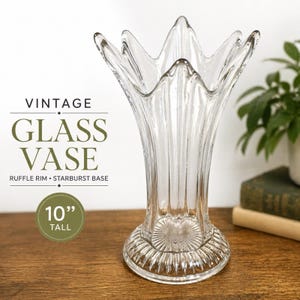 Vintage Clear Glass Vase Flared Ruffle Rim Starburst Base Mid Century 10”
