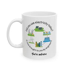 Puede incluir: Taza de cerámica blanca con asa. La taza presenta un gráfico colorido de un ciclo de generación de electricidad, que incluye paneles solares, aerogeneradores y edificios. El texto de la taza dice: "¿Usaste electricidad hoy? Te la trajeron los ingenieros. De nada."