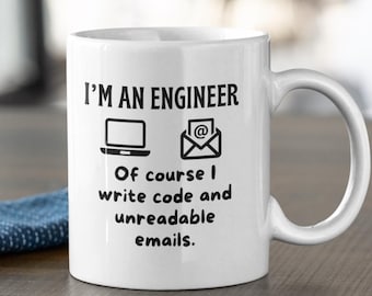 Mug Engineering - Codage + E-mails vagues | Humour geek sur le lieu de travail, cadeau d'ingénieur, cadeau de bureau, ingénieurs logiciels,