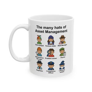May include: White ceramic mug with a black and white illustration of different hats and the text "The many hats of Asset Management". The hats represent different roles in asset management, including data analyst, fortune teller, risk manager, maintenance manager, problem solver, planner, negotiator, compliance officer, and lifecycle wizard.