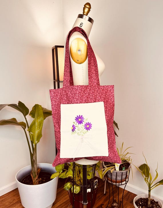 Bolsa de tela con bordado floral: bolsa reutilizable hecha a mano