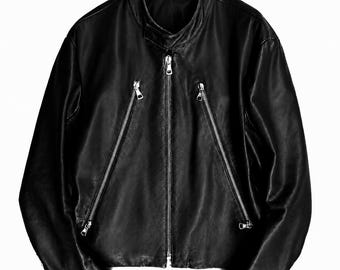 Vintage 2000s Five Zip Black Cowhide Leather Moto Jacket, Motorcycle Rider Jacket