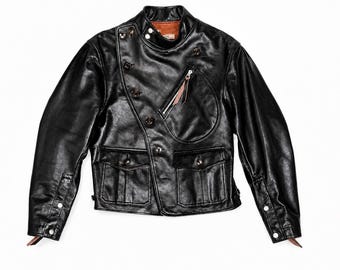 Chaqueta de moto de cuero vintage de los años 50, color negro – Chaqueta motera con bolsillo en D, piel de vacuno, estilo militar.
