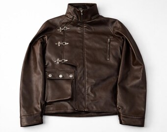 Vintage Bown Leather Jacket Cowhide Men’s Biker Coat with Buckles & Metal Hardware – Retro Motorcycle Style Outerwear