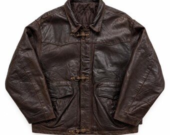 Vintage 1990s Clasp Brown Leather Jacket, Motorcycle Biker Jacket, Retro Military Aviator Flight Jacket, Leather Coat