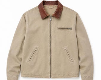 Vintage 1990s Beige Cotton Jacket with Cowhide Leather Collar – Minimalist Zip Workwear Coat, Lightweight Casual Outerwear
