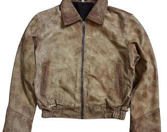 Vintage 1930s Cropped Distressed Brown Leather Jacket for Men ,  Real Leather Zip Up Bomber – Retro Mid-Century Outerwear