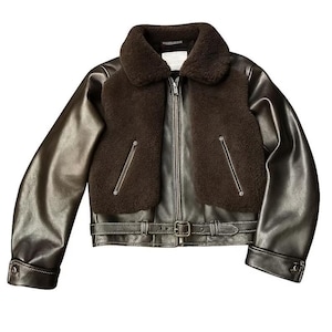 Vintage Grizzly Kunstlederjacke Braun weiches Fell Reißverschluss Mantel Top Lederjacke mit Gürtel
