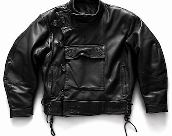 Vintage 1970s Swedish Military Motorcycle Jacket, Mens Black Leather Moto Jacket, Asymmetrical Biker Jacket, Lace-Up Side Leatherwear