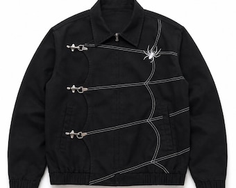 Vintage Spider Clasp Black Cotton Jacket, Spider Web Embroidered Fireman Jacket, Y2K Gothic Moto Bomber, Streetwear