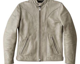 Chaqueta de cuero gris vintage de los años 80, estilo motero, cafe racer, chaqueta bomber de cuero auténtico con cremallera.