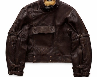 Vintage 1950s Swedish Military Motorcycle Jacket – Mens Brown Leather Moto Jacket with Buckle Straps & Asymmetrical Closure – Leatherwear