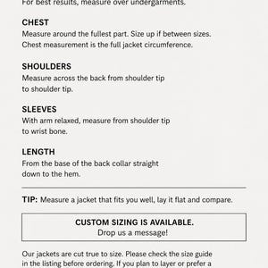 May include: Text graphic titled "HOW TO MEASURE" with instructions for measuring chest, shoulders, sleeves, and length. Includes a note to use a cloth measuring tape and a tip to compare measurements to a well-fitting jacket. Text also states "CUSTOM SIZING IS AVAILABLE."