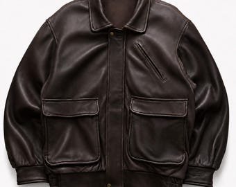 Vintage 1990s Brown Leather Bomber Flight Jacket, Men’s Aviator Pilot Jacket, Retro Military Leather Coat, Utility Flight Jacket