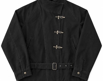 Vintage Black Fireman Clasp Jacket, High Collar Belted Moto Jacket, Military Utility Workwear Jacket, Biker Coat
