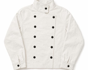 Vintage White Cotton Double Breasted Jacket, High Collar Asymmetrical Utility Jacket, Minimalist Japanese Workwear, Unisex Moto Jacket