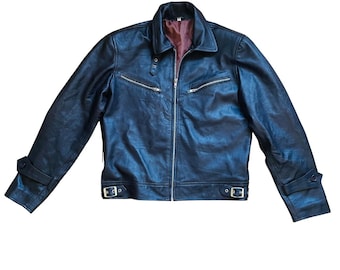Chaqueta de cuero francesa vintage de los años 60 para hombre, estilo ciclista, media cremallera, estilo motero, de cuero auténtico.