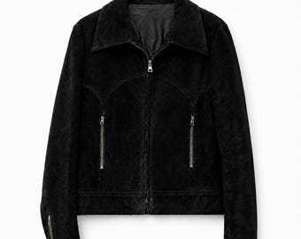Vintage Black Suede Leather Jacket, Moto Biker Jacket, Zip Front Motorcycle Racer Jacket, Y2K Western Jacket