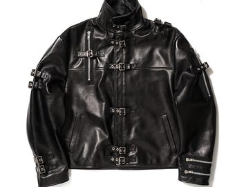 Vintage 1980s Doublet Jacket Black Lambskin, Buckle Overload Leather Jacket, Men’s Moto Jacket, Statement Leather Outerwear