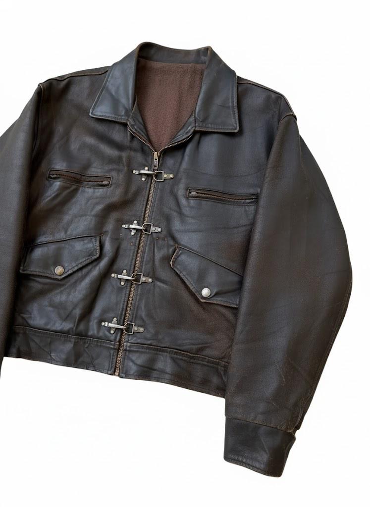 Vintage 1980s Fireman Clasp Jacket Dark Brown Sheep Leather