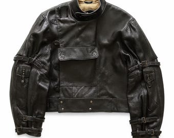 Vintage 1950s Swedish Military Motorcycle Jacket – Mens Black Leather Moto Jacket with Buckle Straps & Asymmetrical Closure – Leatherwear