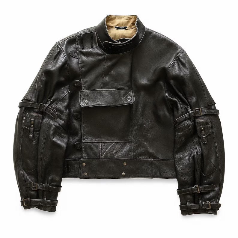 May include: A black leather jacket with a high collar and multiple pockets. The jacket features a unique design with buckle details on the sleeves and waist. The interior lining is a light tan color.