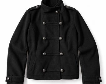 Vintage 1960s Black Wool Military Jacket, High Neck Officer Jacket, Gothic Hussar Coat, French Military Wool Jacket