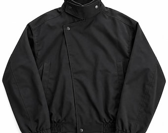 Vintage 1990s Black High Neck Bomber Jacket, Asymmetric Moto Jacket, Minimalist Motorcycle Racer Utility Jacket