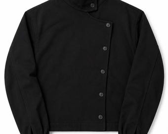 Vintage Black Cotton Asymmetrical High Collar Jacket, Minimalist Moto Workwear Jacket, Japanese Style Utility Jacket, Unisex Streetwear