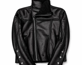 Vintage Black Shearling Leather Jacket, High Neck Moto Biker Jacket, Asymmetrical Zip Motorcycle Jacket, Y2K Aviator Coat