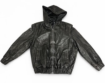 Chaqueta de cuero con capucha estilo vintage de los años 90 para hombre, chaqueta bomber marrón y negra / abrigo de cuero con capucha estilo retro urbano, estilo años 90.