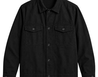 Vintage 1990s Style Black Cotton Jacket Men Women, Button Up Trucker Chore Coat, Utility Workwear Jacket, Minimal Streetwear Outerwear