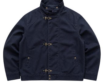 Vintage 1990s Japan Style Navy Cotton Jacket, High Collar Utility Bomber Coat, Silver Hook Closure Workwear Jacket