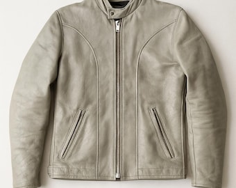 Vintage Grey Leather Jacket Biker Cafe Racer Real Leather Jacket Bomber Zip Up Coat Top