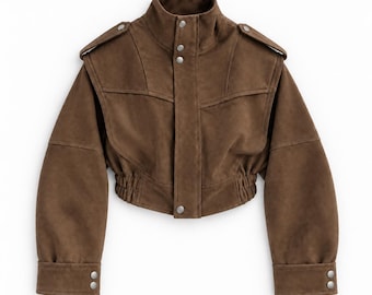 Vintage 1980s Brown Suede Leather Cropped Jacket, High Neck Moto Jacket, Motorcycle Biker Bomber, Retro Utility Jacket