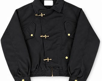 Vintage 1990s Black Fireman Clasp Bomber Jacket, Moto Utility Jacket, Military Biker Jacket, Gold Hardware Workwear Coat