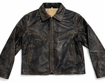 Vintage 50s Black Leather Bomber Jacket Men’s Distressed Motorcycle Coat Retro Rockabilly Outerwear