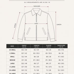 May include: Size chart for a jacket, with measurements in both centimeters and inches. The chart includes chest, length, sleeve, and shoulder measurements for sizes 2X-Small to 3X-Large. The text advises sizing up for layering.