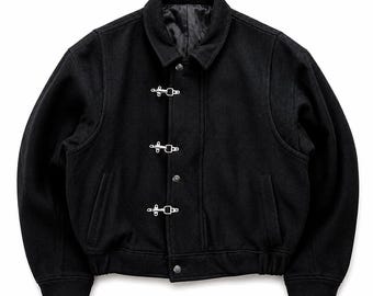 Vintage 1990s Black Wool Bomber Jacket, Fireman Clasp Closure Coat, Boxy Fit Winter Jacket, Oversized Wool Jacket