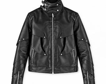 Vintage Vampire Black Leather Jacket, Gothic Halloween Biker Jacket, High Collar Moto Jacket, Y2K Punk Motorcycle Jacket