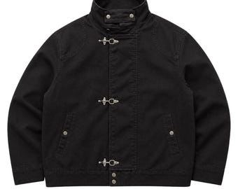 Vintage 1990s Japan Style Black Cotton Jacket, High Collar Utility Bomber Coat, Silver Hook Closure Workwear Jacket