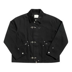 May include: Black jacket with a corduroy collar, toggle closures, and zippered pockets. The jacket has white buttons on the cuffs and a small logo on the collar. A stylish and functional outerwear piece.