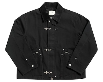 Chaqueta unisex de bombero vintage de los 90, de algodón negro, con cierre de broche. Abrigo utilitario resistente con cuello. Ropa de abrigo clásica y resistente.
