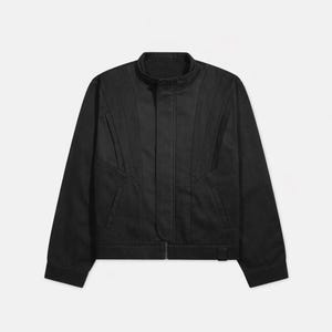 May include: Black jacket with a stand-up collar and a zipper closure. The jacket features vertical stitched details on the front and side pockets. The sleeves are long and the jacket has a tailored fit.