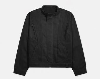 Chaqueta bomber negra de algodón estilo vintage de los años 80 para hombre, chaqueta moderna de estilo urbano con cuello alto, prenda exterior de diseño estructurada, ligera.