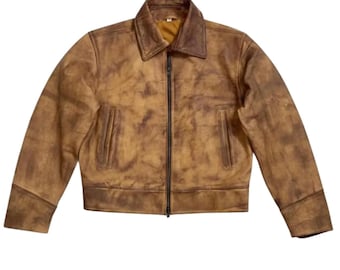 Chaqueta corta de cuero desgastado estilo años 50 para hombre, estilo bomber con cremallera y cuero auténtico – Prenda exterior retro de mediados de siglo