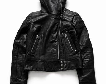 Vintage High Neck Black Leather Cropped Biker Jacket, Moto Motorcycle Racer Jacket, Y2K Gothic Leather Jacket