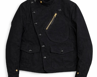 Vintage Black Fencing Cotton Biker Jacket Men, Asymmetrical Zip Jacket, Boxy Fit Streetwear Utility Jacket, Minimal Designer Outerwear