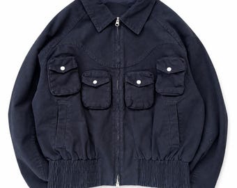 Vintage 1990s Navy Cropped Utility Bomber Jacket, Multi Pocket Workwear Jacket, Military Cargo Flight Jacket